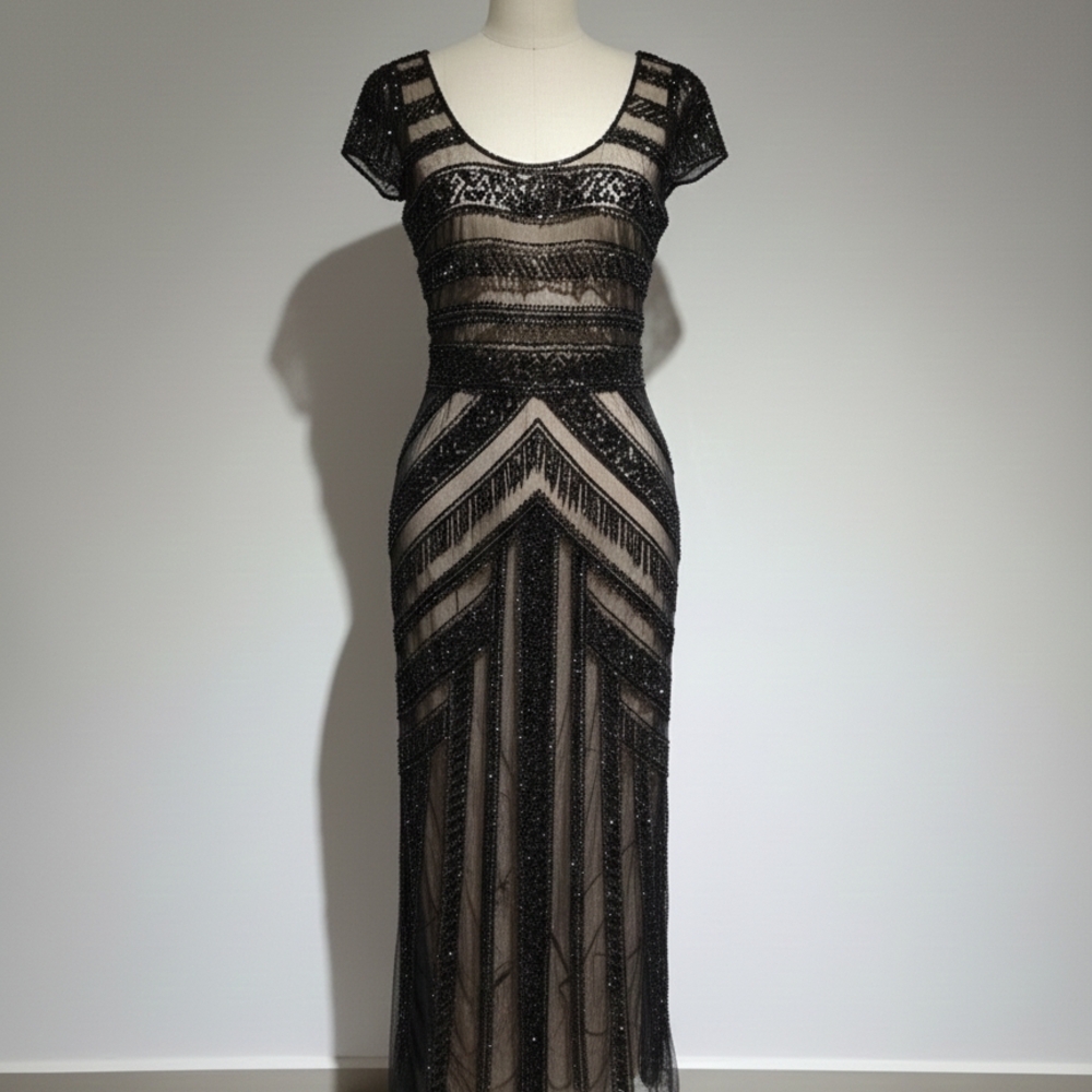 Scala Vintage Art Deco Beaded Gown - Black Sequins